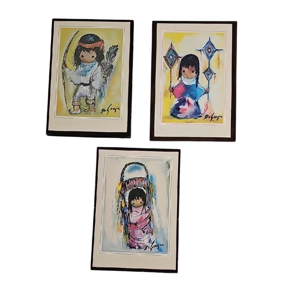 Ted Degrazia Vintage Trio of Framed Indian Children Art Prints 5" x 3.5" - Picture 1 of 10